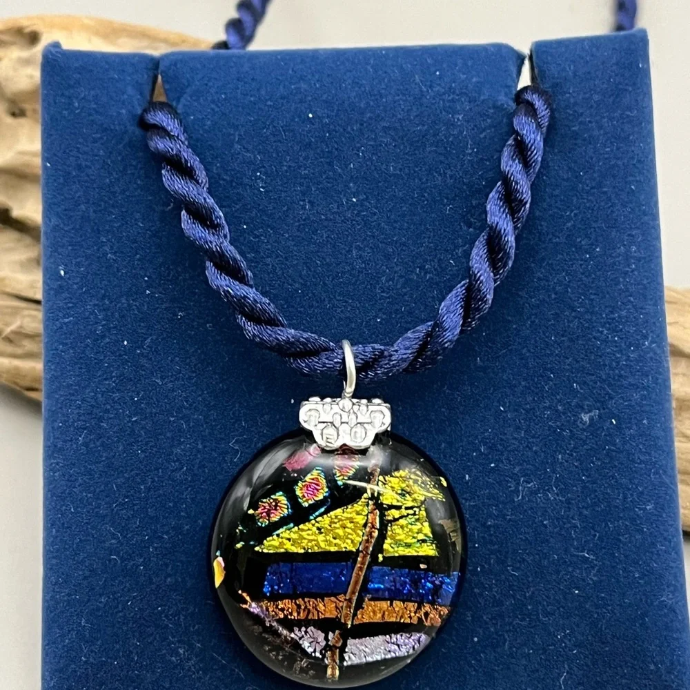 Gold and Blue Dichroic Glass Pendant Necklace